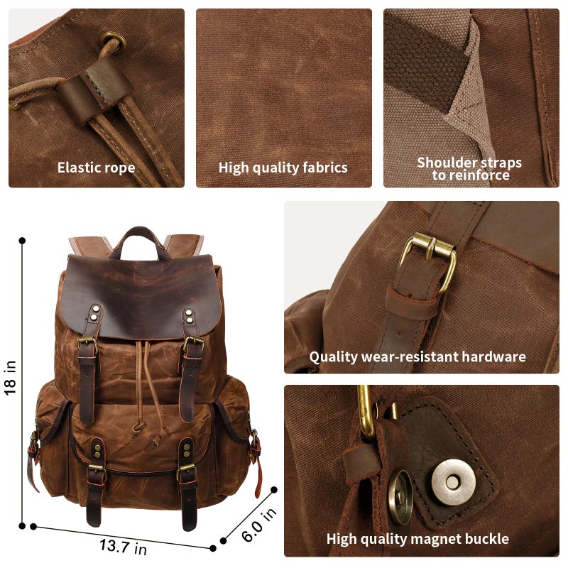 HuaChen Vintage Waxed Canvas Backpack with Genuine Leather Flap, Travel & Work Rucksack, Water-Resistant Daypack with Anti-Theft Pocket, Large (15.6"), M80 Brown - Image 3